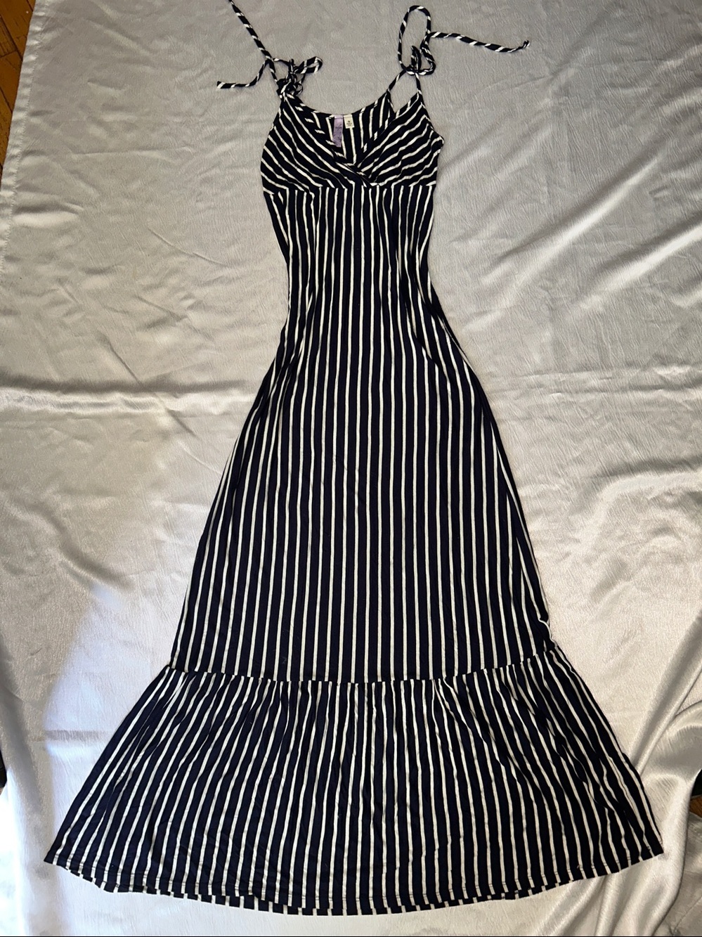 Striped Black and White Maxi Dress with Tie Straps - Picture 2 of 3
